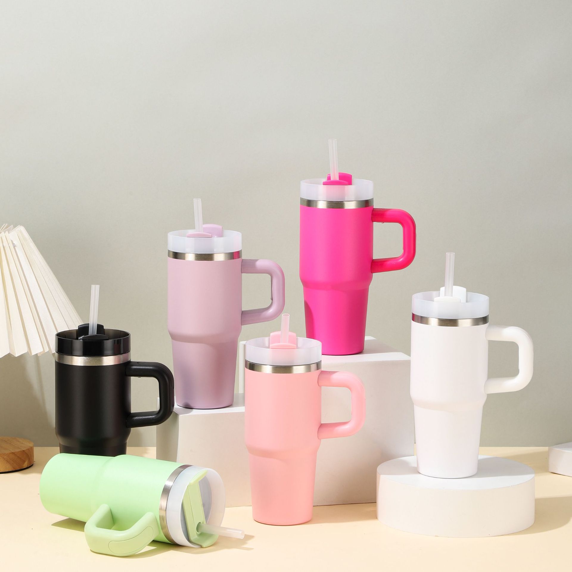 新品14oz便携吸管冰霸杯带手柄纯色汽车杯迷你真空保温杯现货批发产品图