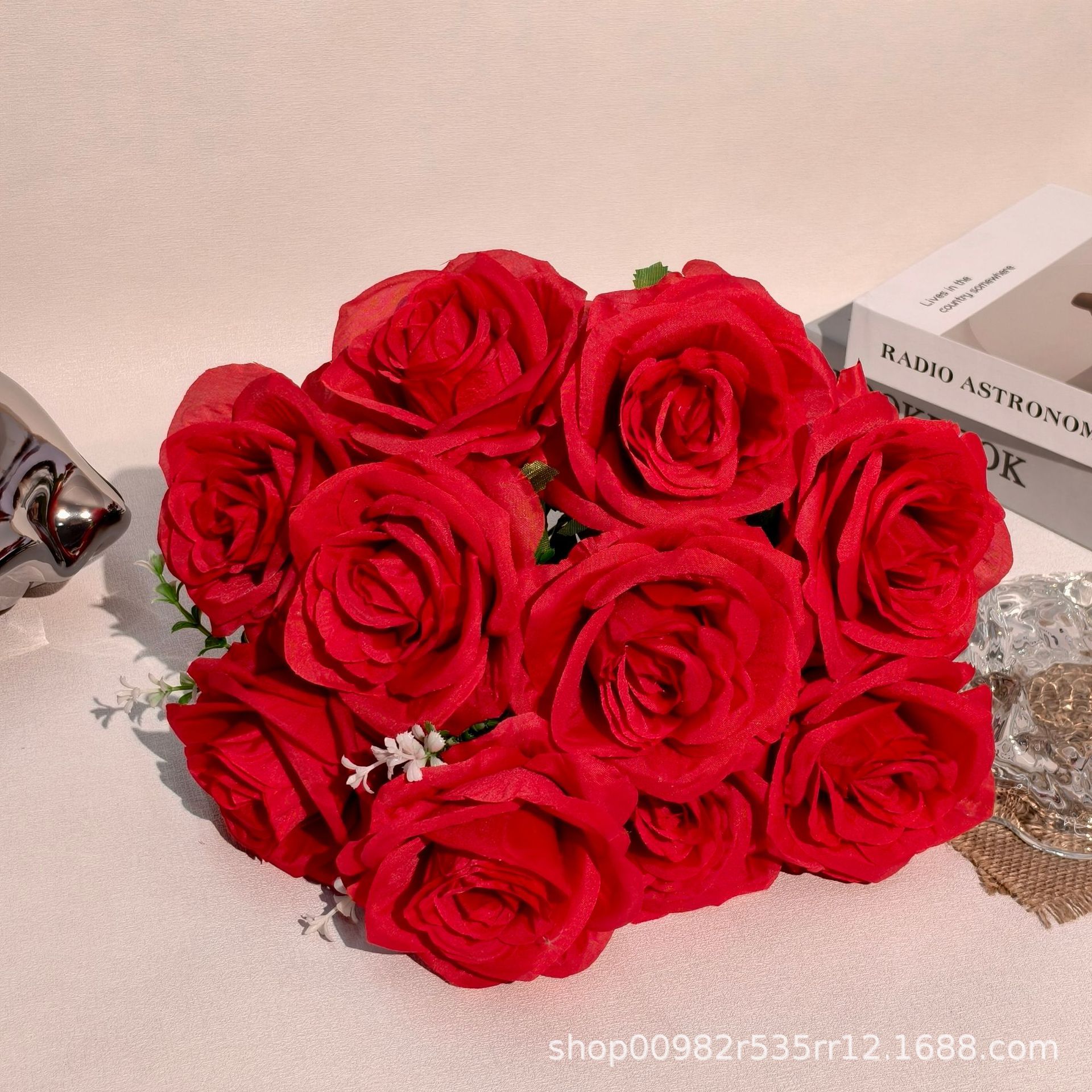 厂家批发10头玫瑰仿真花婚庆婚礼堂装饰玫瑰花假花外贸跨境西洋玫产品图