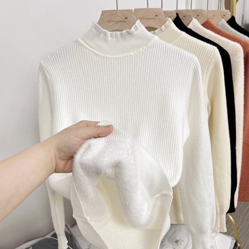 Autumn and winter semi-high neck with fleece lace one-piece fleece thickening 2024 new style black fungus knitted sweater base top sweater for women Application Scenario