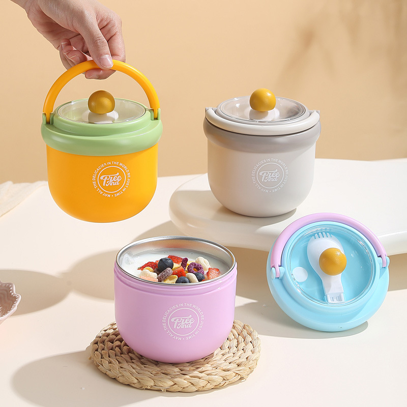 304 stainless steel portable milk cup with handle, covered spoon, breakfast cup, oat cup for students and office workers