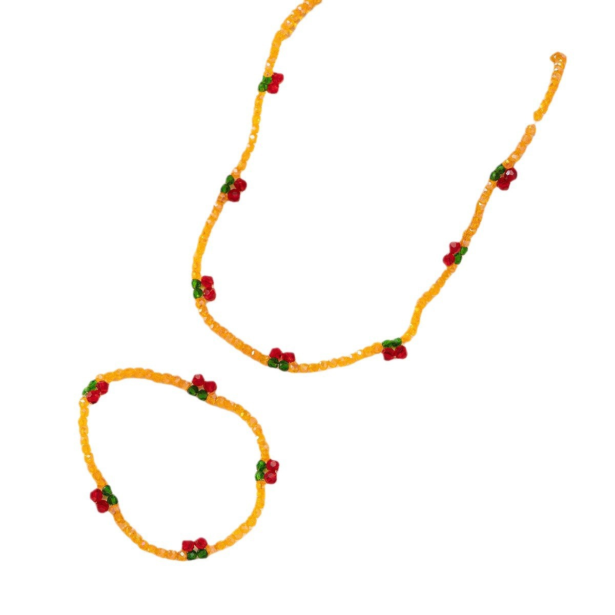 Korean-style fashionable beaded crystal cherry flower necklace bracelet, woven neck chain, collarbone chain, women's fruit elements Item Picture