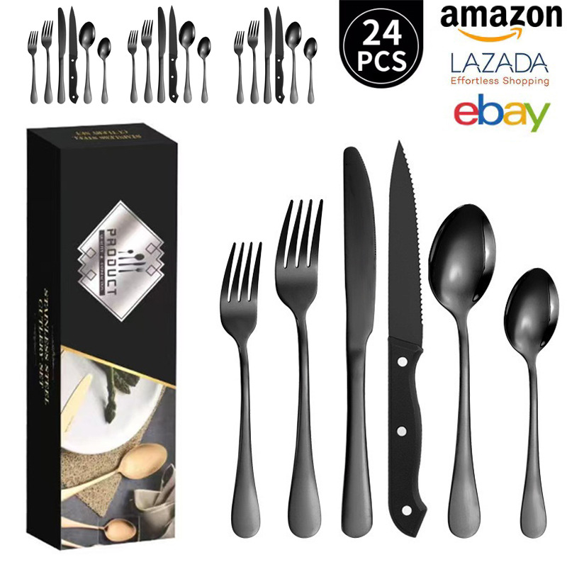 亚马逊跨境不锈钢餐具24件套装1010刀叉勺西餐酒店牛排刀叉套装
