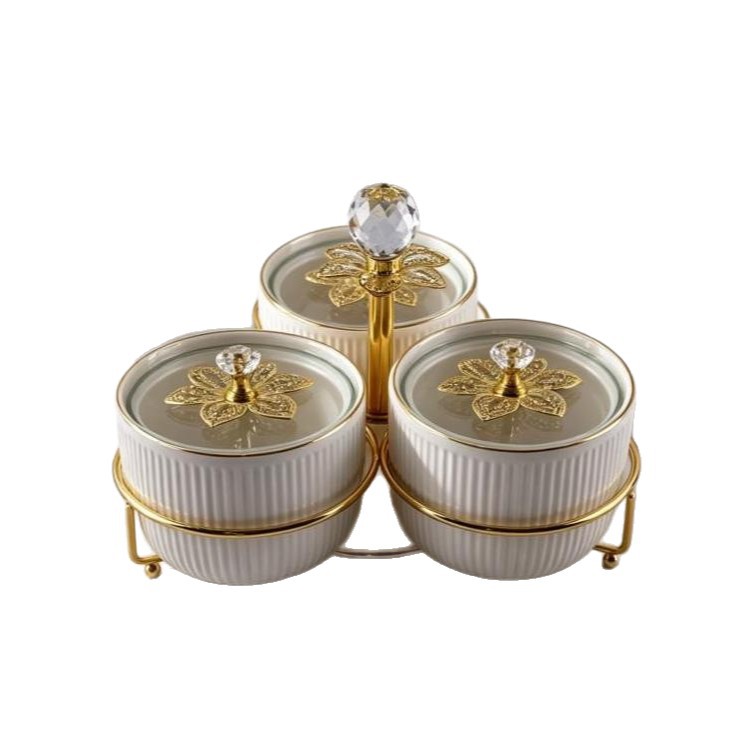 Light luxury golden-edge ceramic dried fruit box, three or four compartments with LIDS, snack storage box, living room coffee table, nuts and candies compartments Item Picture