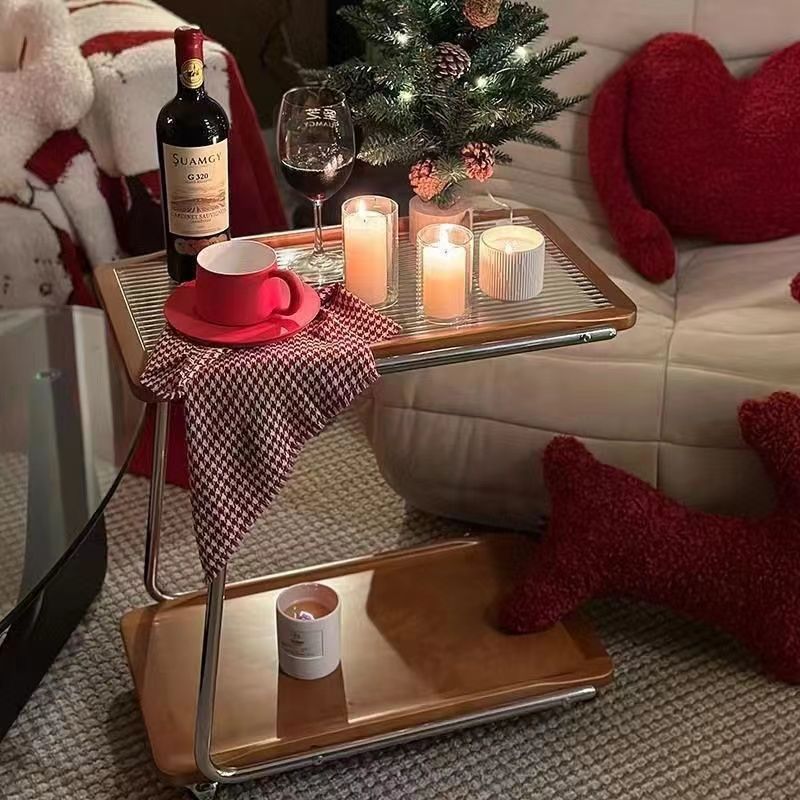 Side table, living room coffee table, mobile trolley, simple solid wood glass storage rack, popular sofa, home corner table details Picture