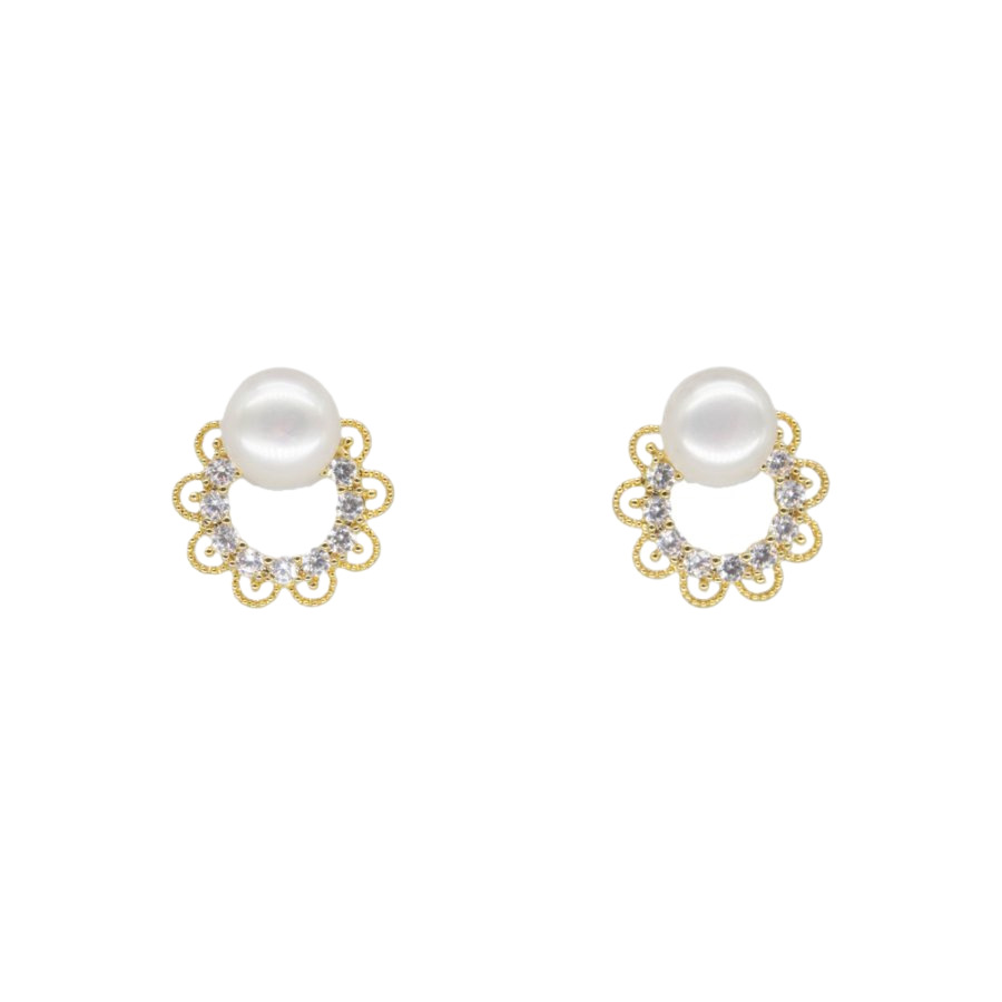 The new 925 silver needle copper plated with real gold from Xuhui brand is a versatile autumn and winter item. It features zircon lace pearl stud earrings with an exquisite and light luxury design Item Picture