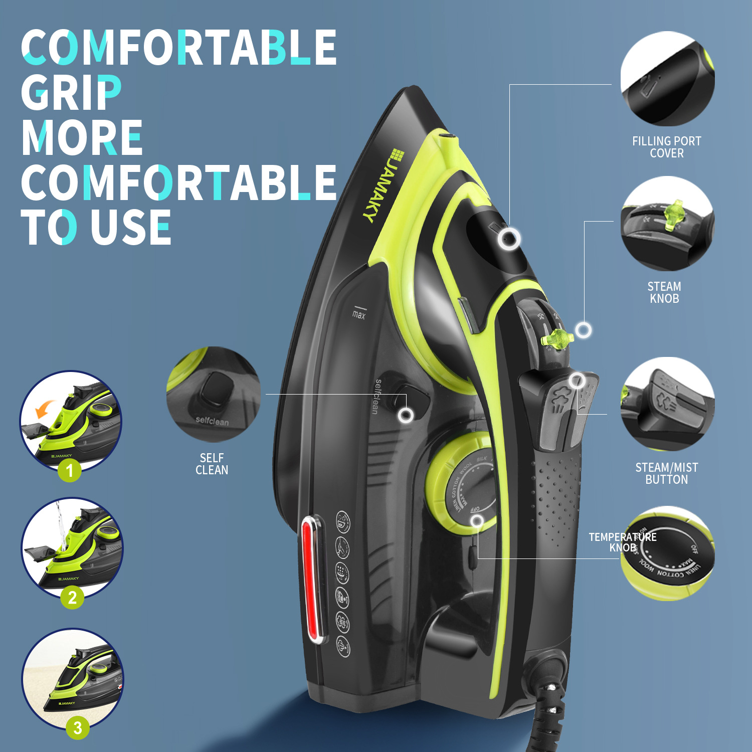JAMAKY 电熨斗家用手持蒸汽熨斗干湿两用2000w大功率快速除皱JMK1004产品图