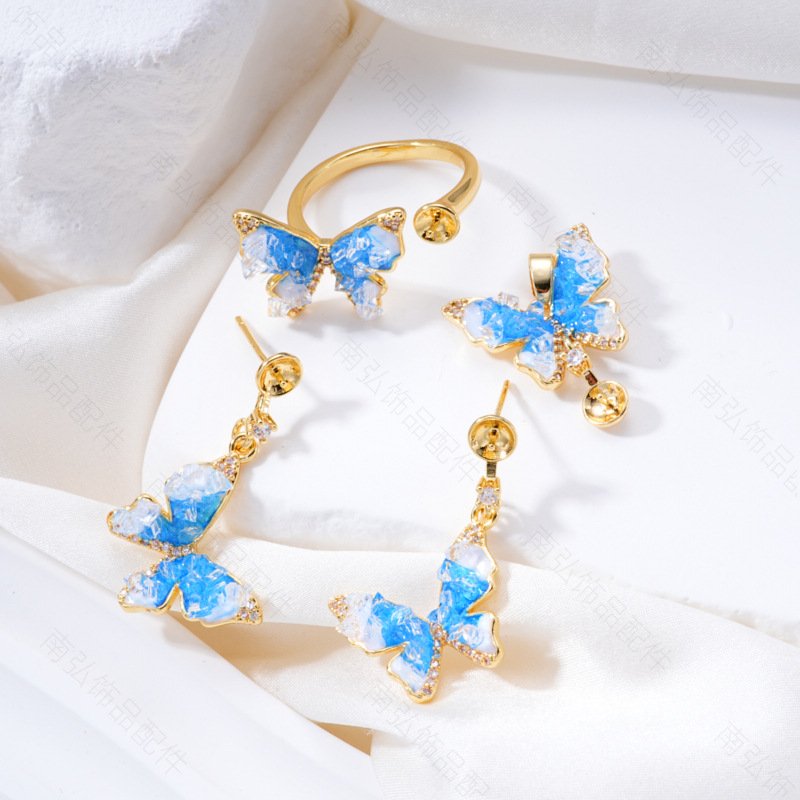 Pearl ring, earneedle pendant, micro-inlaid three-piece set, empty stand butterfly style, oil drip design, DIY light luxury style