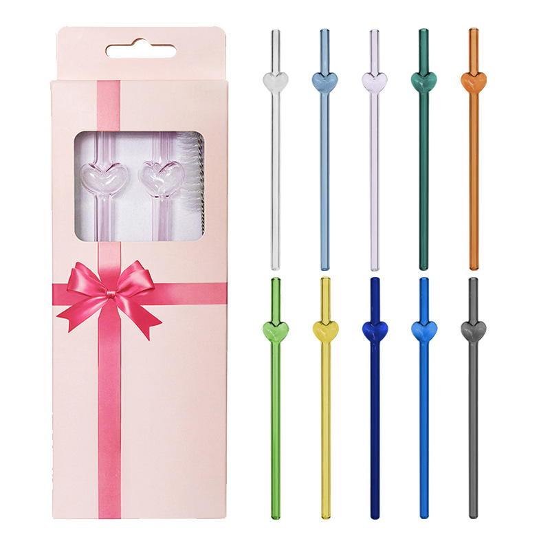 Glass straw set, high borosilicate heart-shaped pink blow-molded straw combination, Valentine's Day gift in stock wholesale