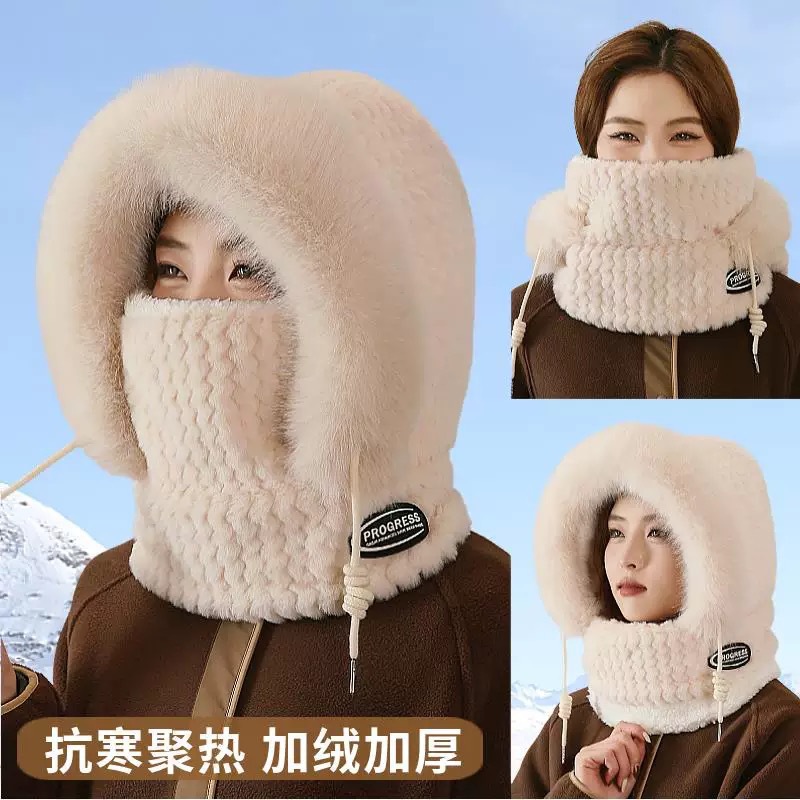 One-piece dropshipping of winter trendy, cute thickened plush bear hats, masks, scarves, all-in-one hats for women's cycling, warm hooded hats, wholesale from street stalls Specification image
