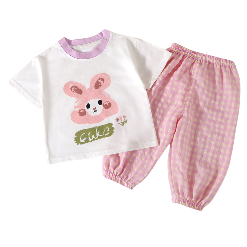 Girls' short-sleeved and long pants set, summer boys' pure cotton half-sleeved and small children's baby T-shirt and pants two-piece set wholesale Item Picture