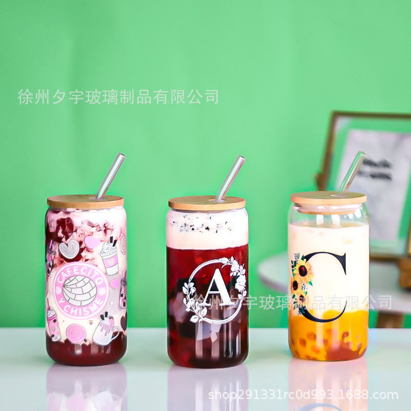 跨境亚马逊新款网红可乐杯16oz梅森杯竹盖玻璃杯饮料果汁杯带吸管细节图