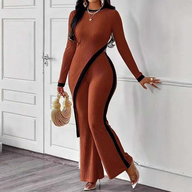 European and American cross-border 2025 Spring/Summer new women's fashion color-blocking long-sleeved side-slit T-shirt + patchwork long pants set Specification drawing