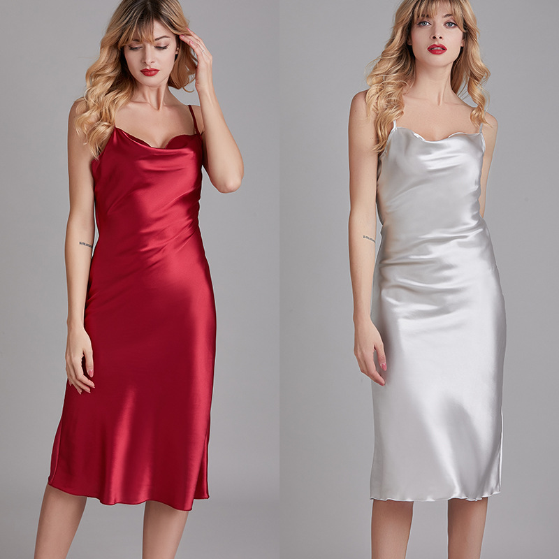 Halter pajama women's summer ice silk elegant swing neck thin nightgown home wear can be worn outside DQ1630 full figure
