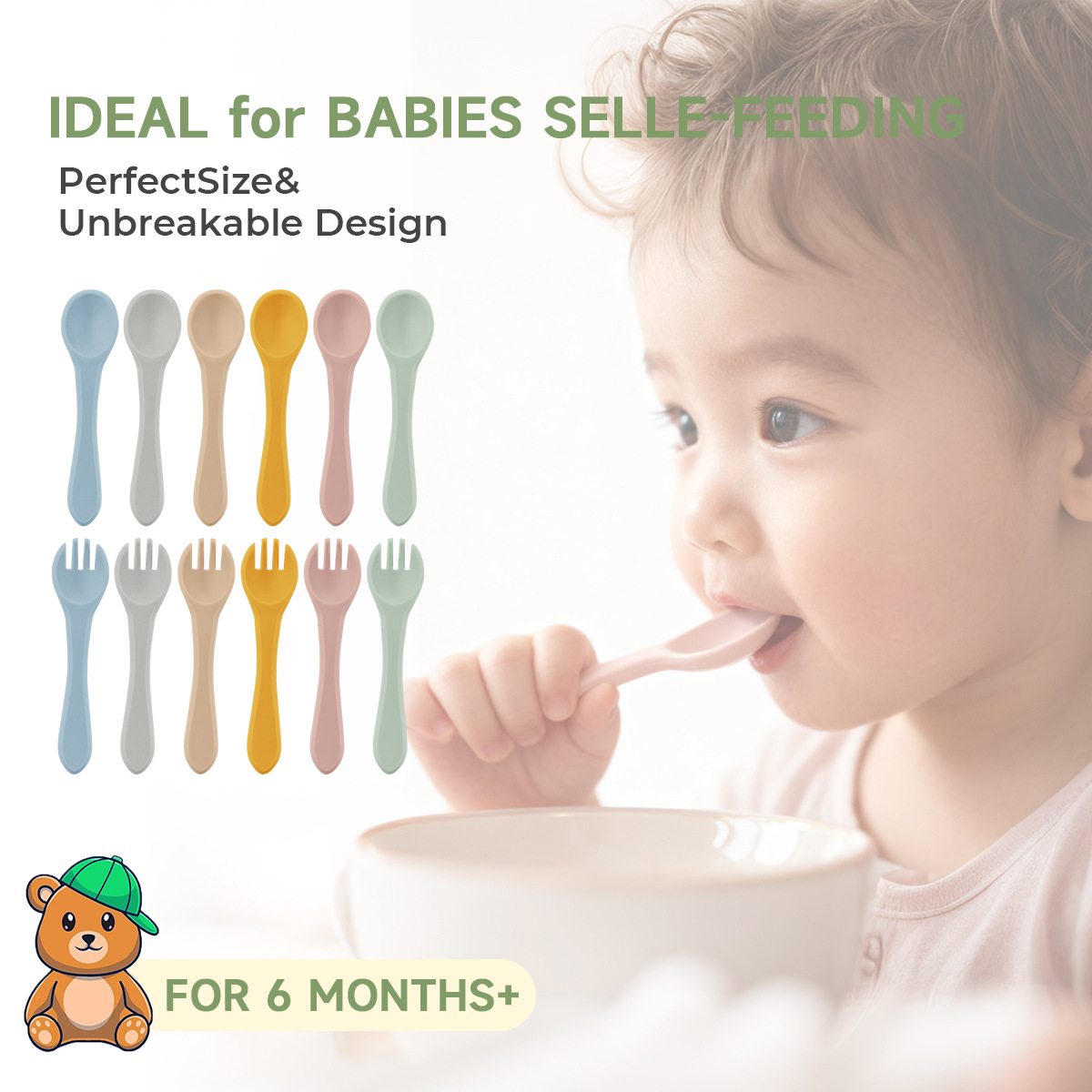 Silicone forks and spoons for children's food learning training, feeding spoons, shock-resistant and heat-insulating short-handled baby feeding and complementary food forks and spoons tableware details Picture