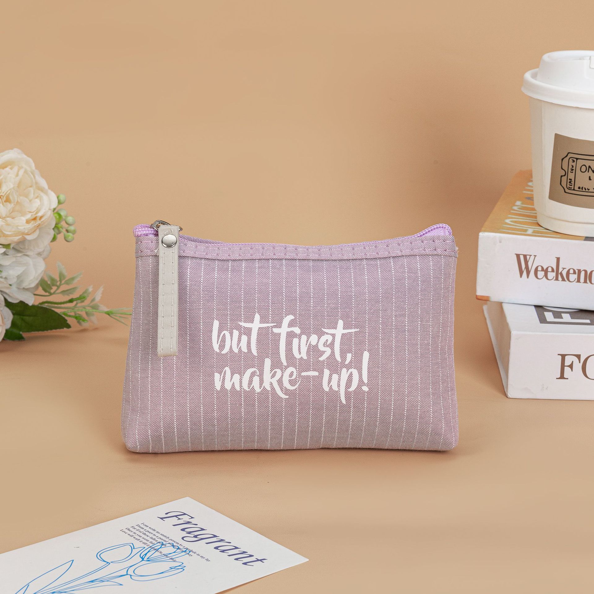 New portable English letter women's zipper makeup bag, travel toiletries storage bag and coin purse Specification image