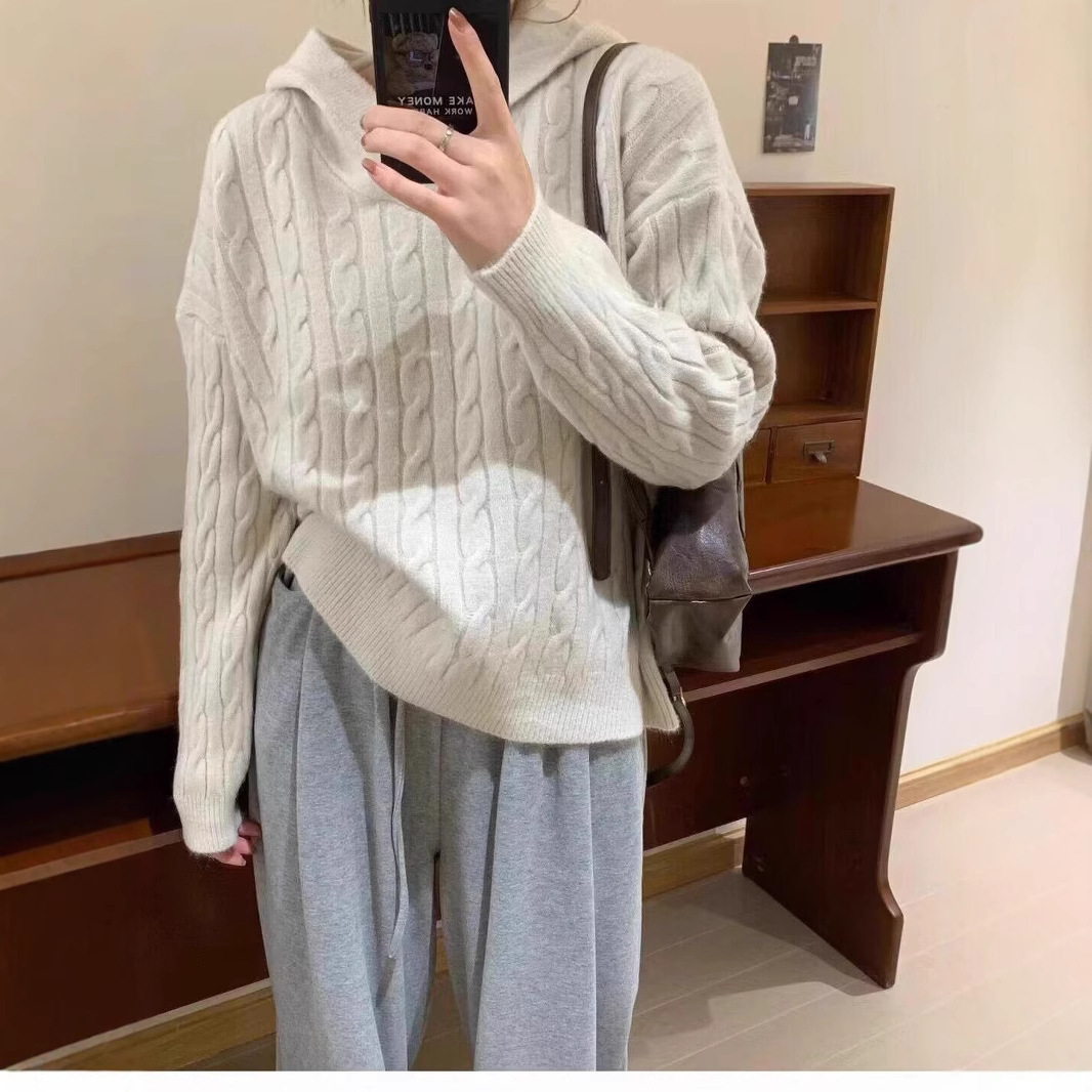 100羊毛连帽针织衫女冬休闲慵懒麻花帽衫毛衣显瘦内搭休闲羊绒潮产品图
