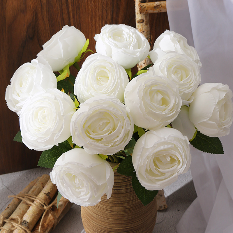 仿真茶苞玫瑰花单支插花场景婚礼布置装饰白色玫瑰家居假花仿真花