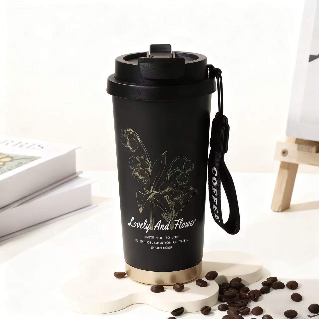 Coffee cup, large-capacity stainless steel insulated cup, high appearance level, double-drinking straw insulated cup