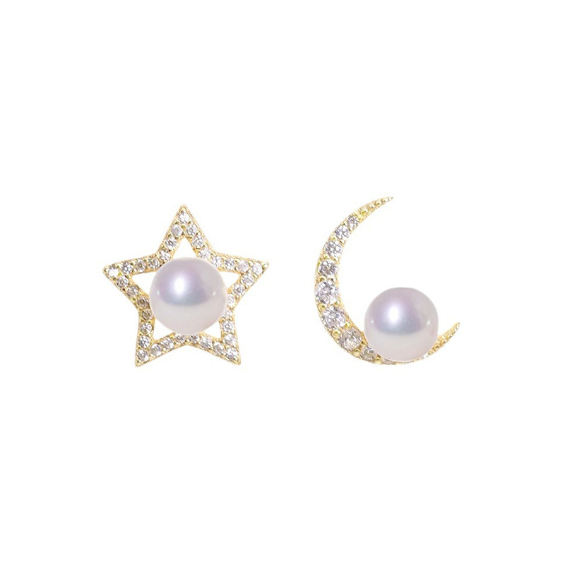 Star and moon asymmetrical stud earrings, natural freshwater pearl stud earrings S925, silver needle, niche design, light luxury, high-end earrings for women Item Picture