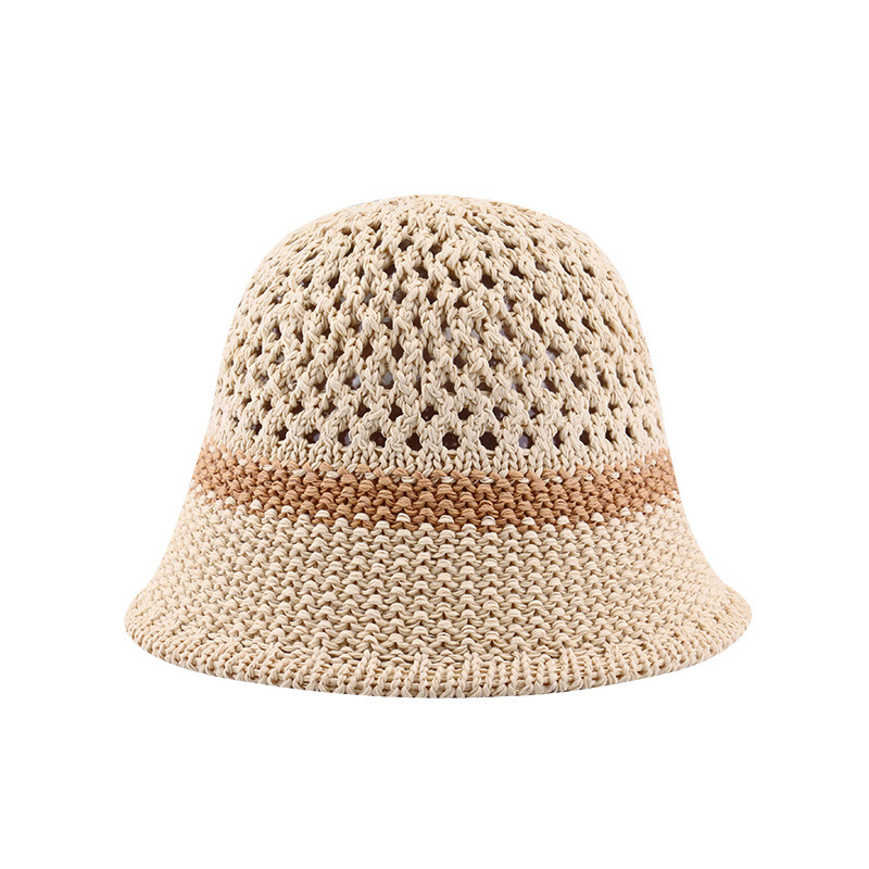 Verano nuevo calado transpirable sombrero mujer tejido sombrero de paja sombreado sombrero de cubo de playa sombrero de sol al por mayor Item Picture