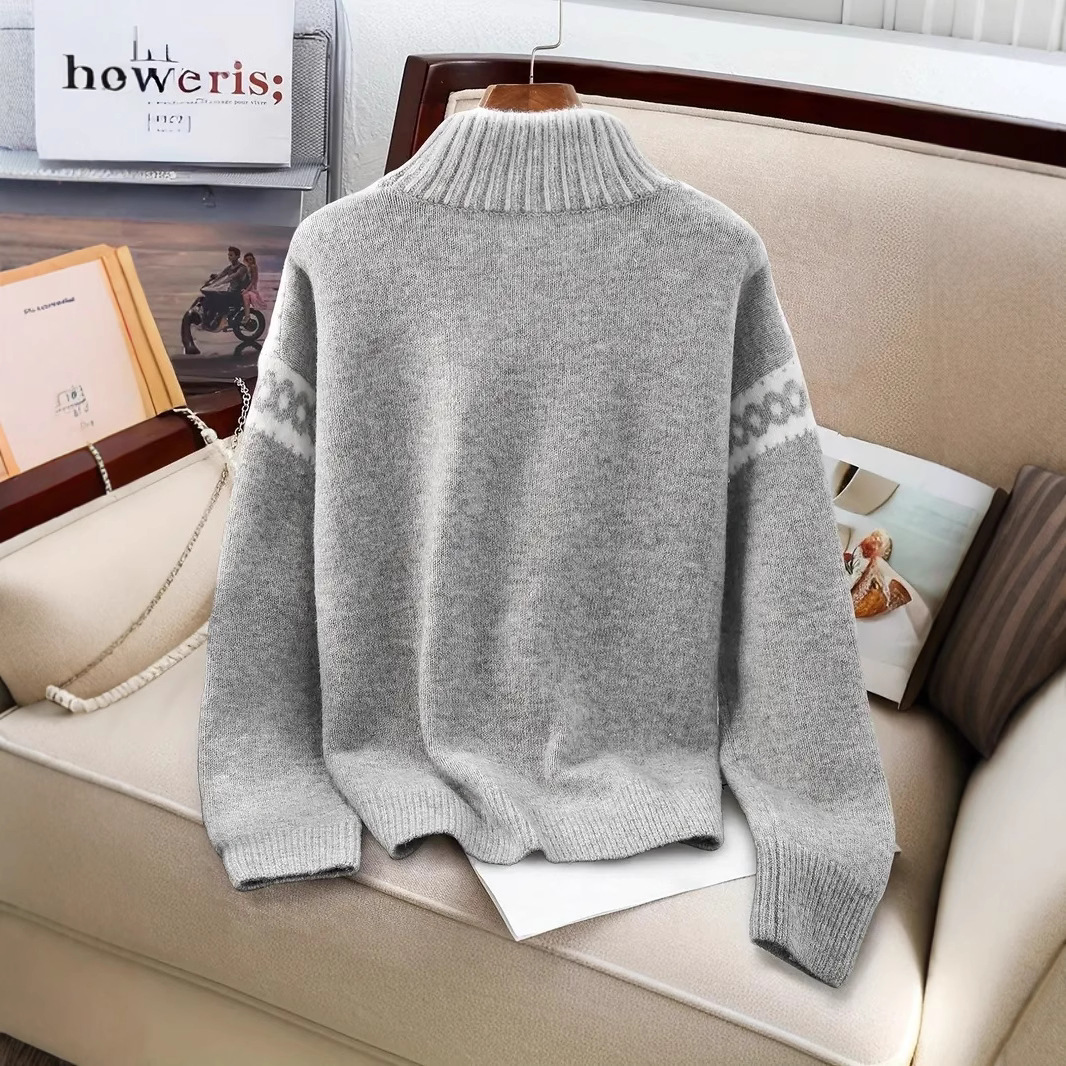A new high-neck sweater for women from Europe and America, featuring a fashionable and casual style with a loose pattern and a pullover knitted sweater Application Scenario