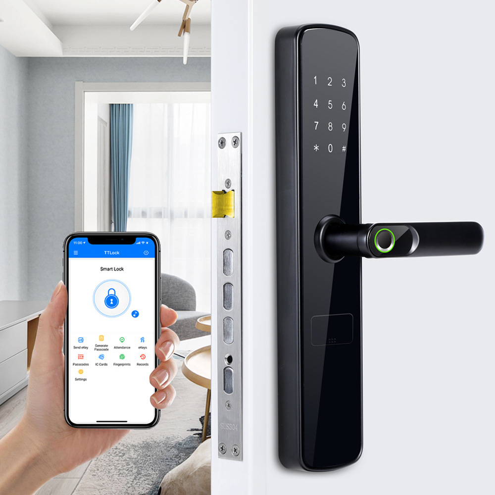 Tongtong Lock, black smart door lock, facial recognition, fingerprint, digital keyboard, green sensing ring handle details Picture