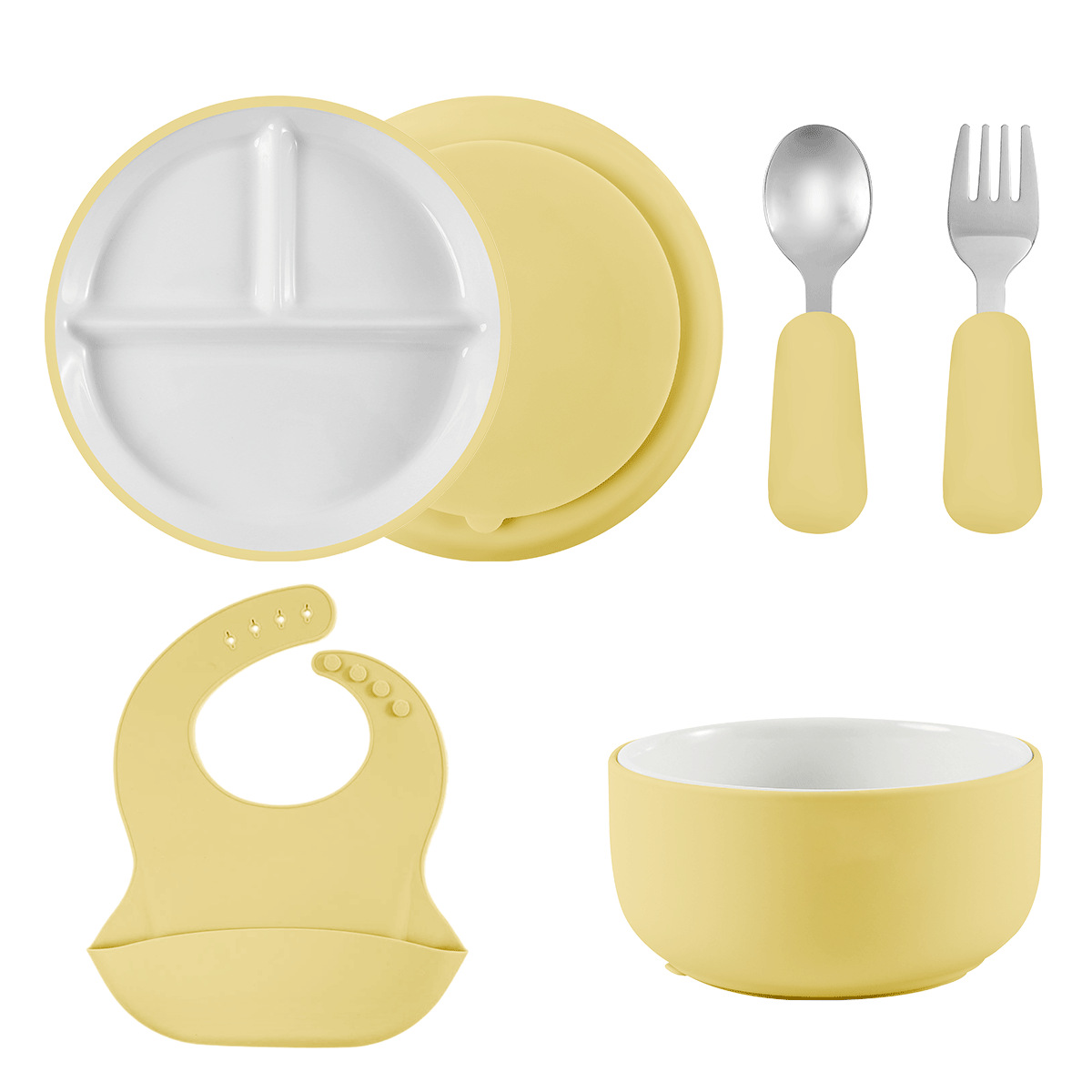 Wholesale of cross-border best-selling children's complementary food ceramic silicone plates, bowls, forks, spoons, bibs, and durable ceramic feeding sets Specification drawing