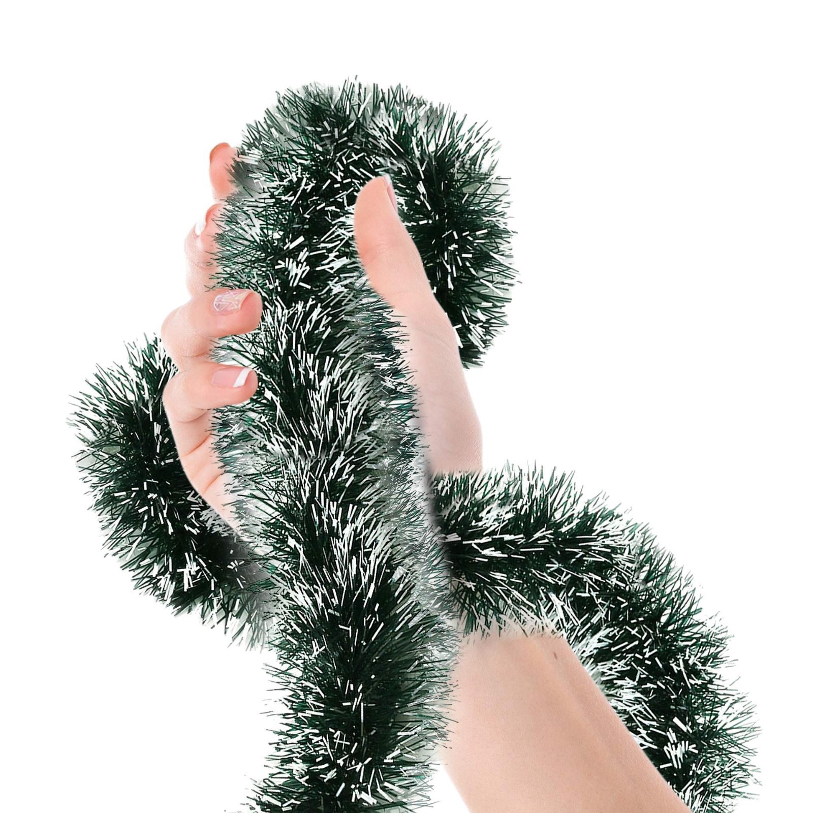 A 10-meter-long, dark green, white-edged Christmas snowflake flower wreath decorated with Christmas ribbons and rattan strips Item Picture