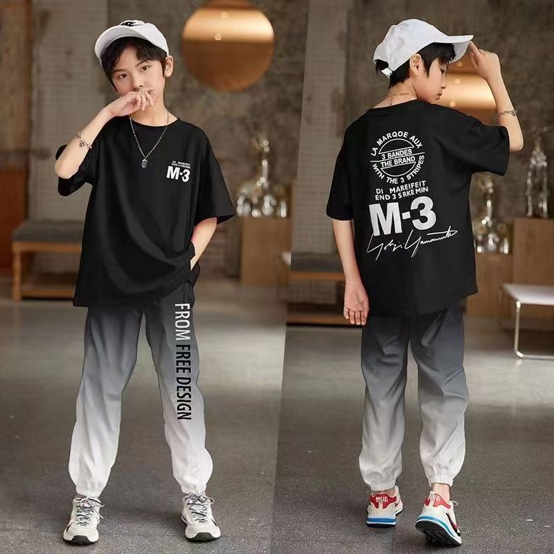 Cross-border best-selling children's clothing, boys' sets, summer short-sleeved T-shirts, long pants, boys' quick-drying pants, casual sports sets for children