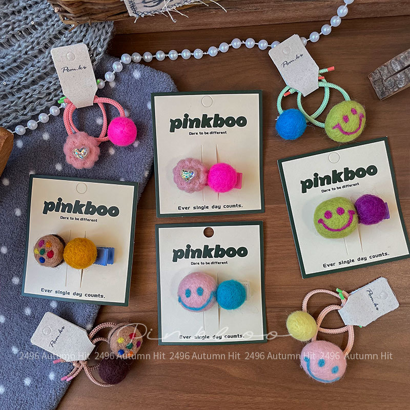 New Korean-style autumn wool felt handcrafted hair clips, children's sweet smiling faces, side bangs clips, elastic hair bands, pinkboo smiling face pom-ball hair accessory set, colorful hair clips, hair bands, cute and energetic daily life details Picture