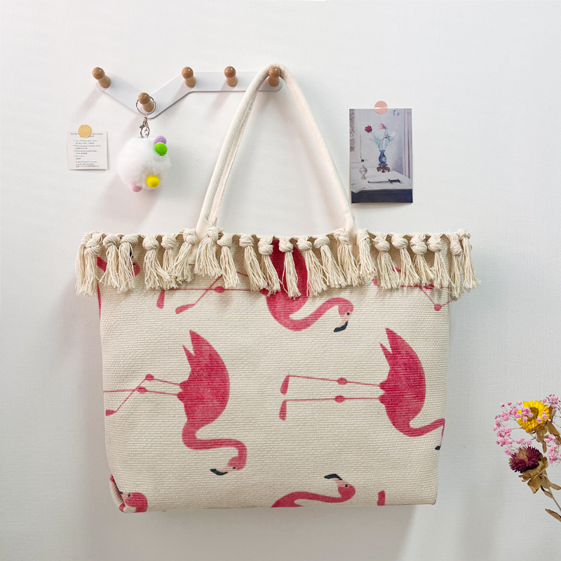 Cross-Border Canvas Bag, Fringed Handbag, Large-Capacity Portable And Simple Handcrafted Tote Bag, Commuting Fringed Bag, Bohemian Ethnic Style Printed Handbag, Embroidered Women's Single-Shoulder Handbag, Tote Bag, Women's Canvas Bag details Picture