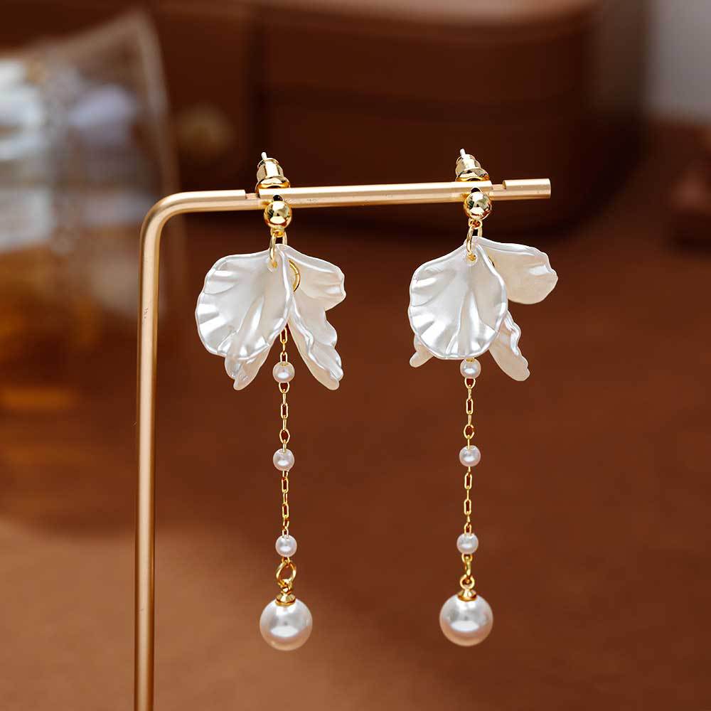 Hyacinth925 agujas de plata premium sense concha pétalos de perlas pendientes coreanos dulce temperamento orejeras largas borlas pendientes