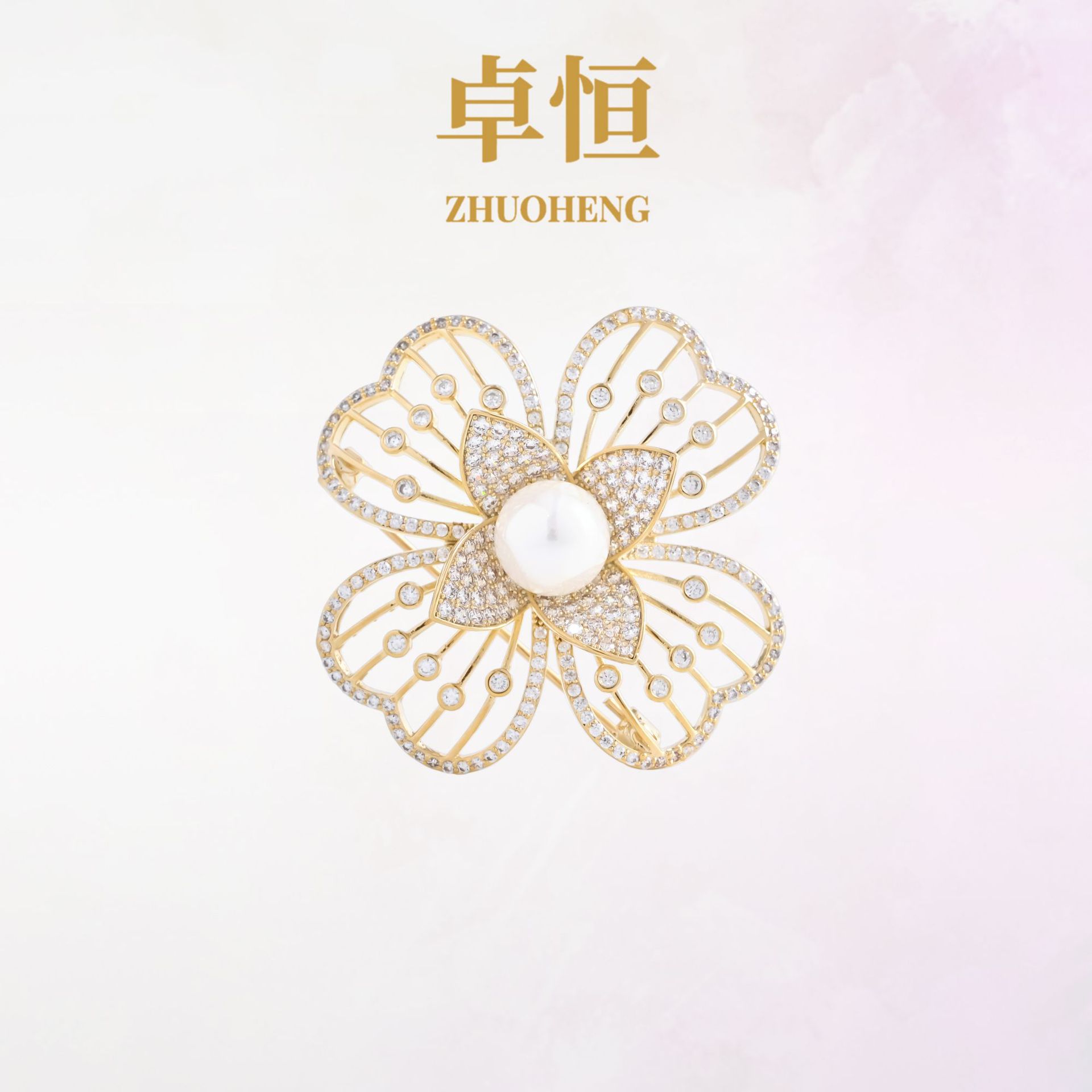 Personalized flower brooch women's ins light luxury five-layer gold-plated color retention zirconium-inlaid exquisite dress brooch trendy manufacturer details Picture