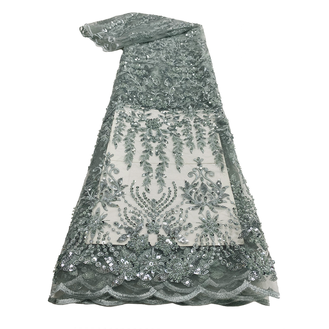 New high-end cheongsam wedding dress fabric with light green millet sequined mesh embroidery Item Picture