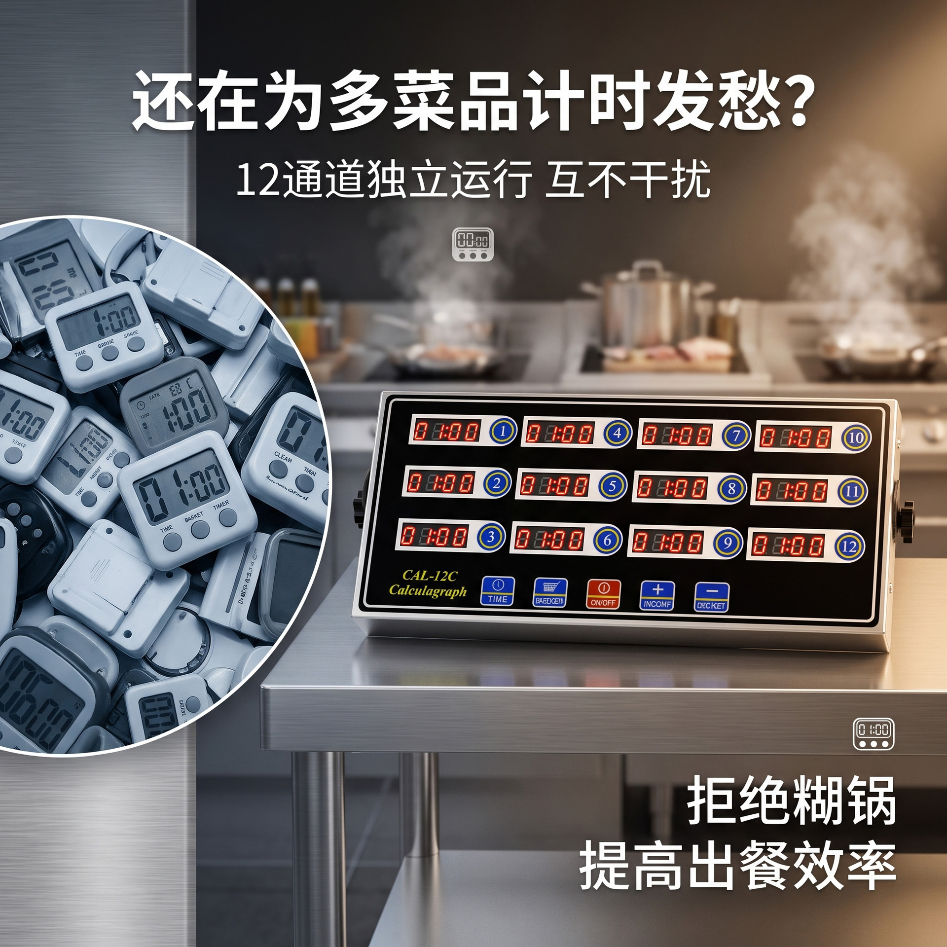 Commercial 12-channel kitchen timer, multi-window independent timing reminder timer manufacturer for hamburger and fried chicken stores details Picture
