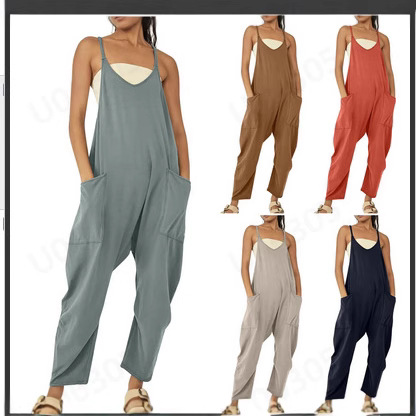 2026 Amazon Europe and America Foreign Trade New solid color patch bag halter Jumpsuit full figure