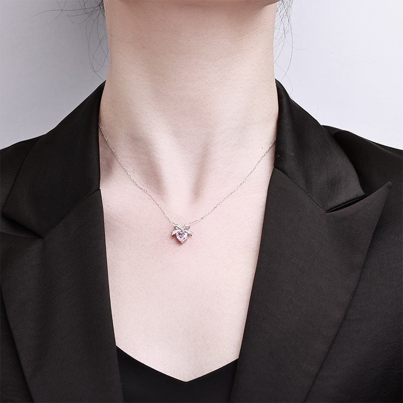 Zhuoheng Select S925 Pure Silver Pink Bow Ice Flower Cut Necklace, High-End, Non-Fading, Niche And Versatile Collarbone Chain Pendant Specification drawing
