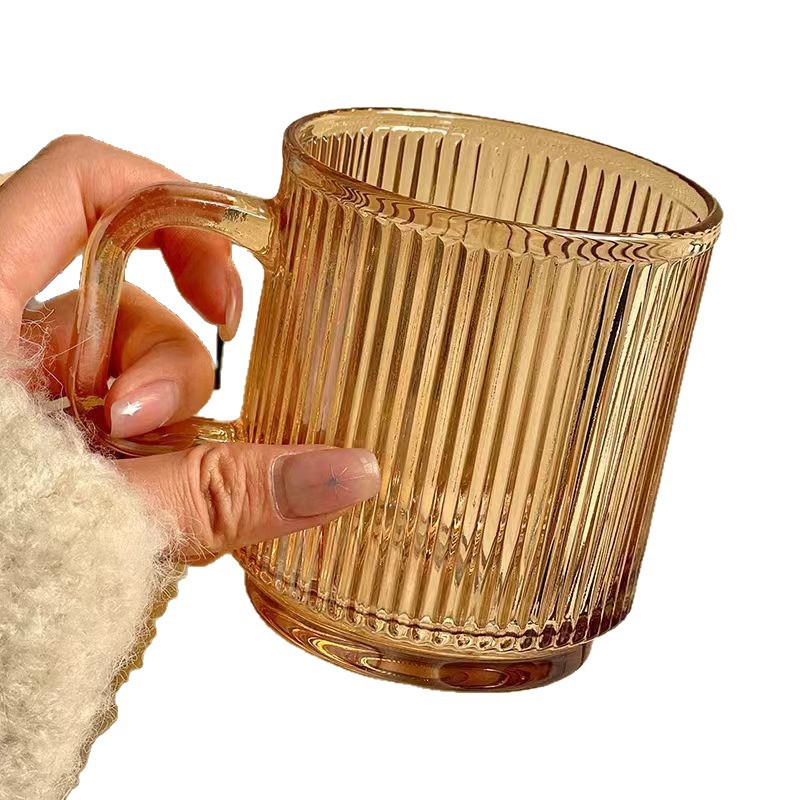 ins striped glass cups with handles, household beverage cups, high appearance level mugs, high-end coffee Item Picture
