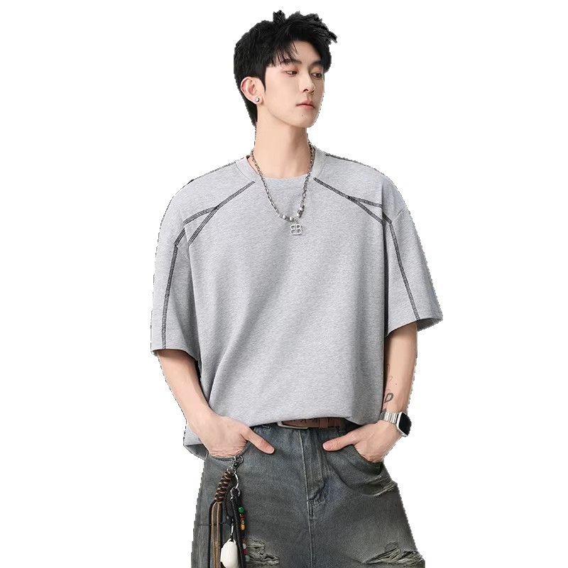 2026 New style pure cotton short-sleeved men's T-shirt, summer thin deconstructed trendy clothing, men's top drop shoulder half-sleeve Item Picture