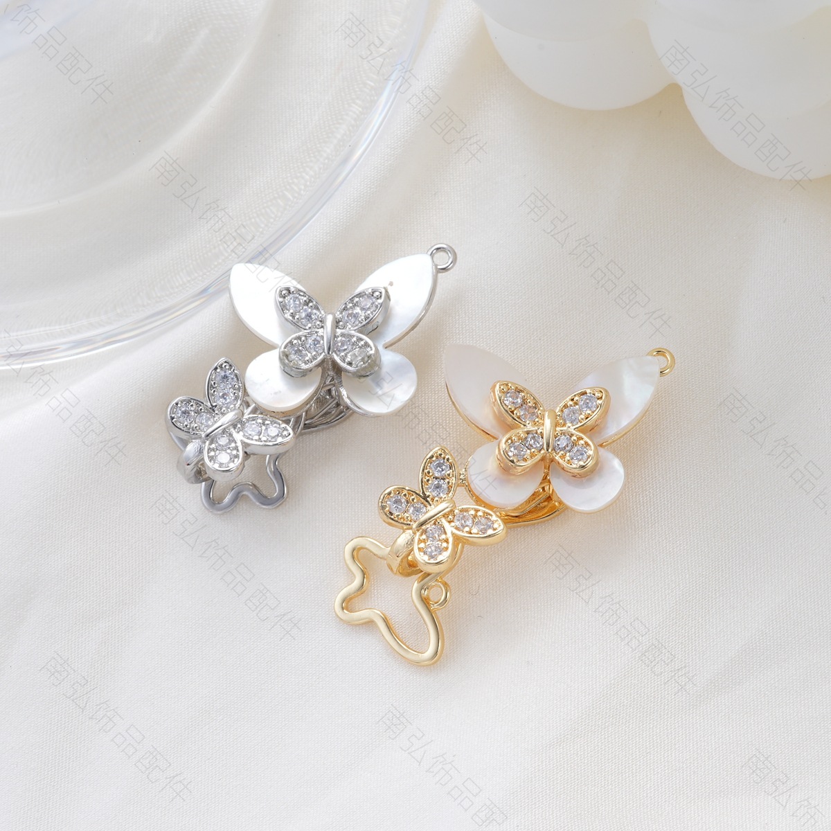 Copper-plated 18k high color retention, zirconium-inlaid white shell butterfly elastic buckle pearl necklace clasp DIY jewelry accessory details Picture