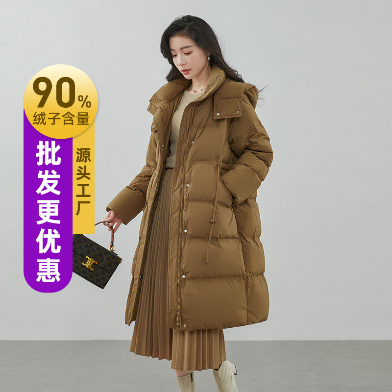 Super cold large-sized down jacket for women, 2025 Winter new style, hooded, knee-length, thick, waist-cinching versatile coat, Pinghu