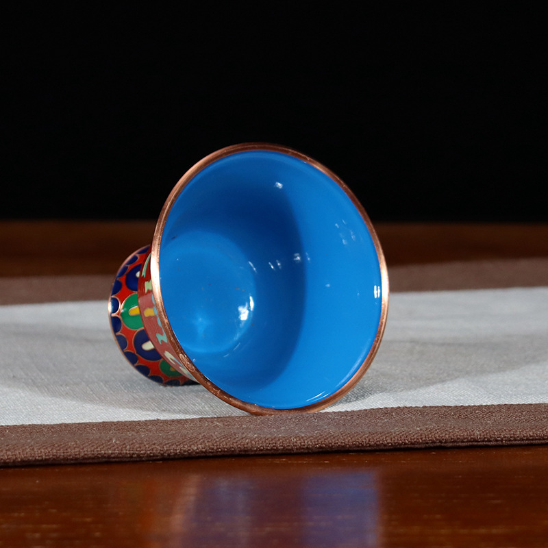 Jingtai blue Eight-Treasure bowl, a Buddhist ritual object, plain copper cloisonne, low-temperature enamel, polished, high-legged, eight-auspicious offering bowl, water bowl Application Scenario