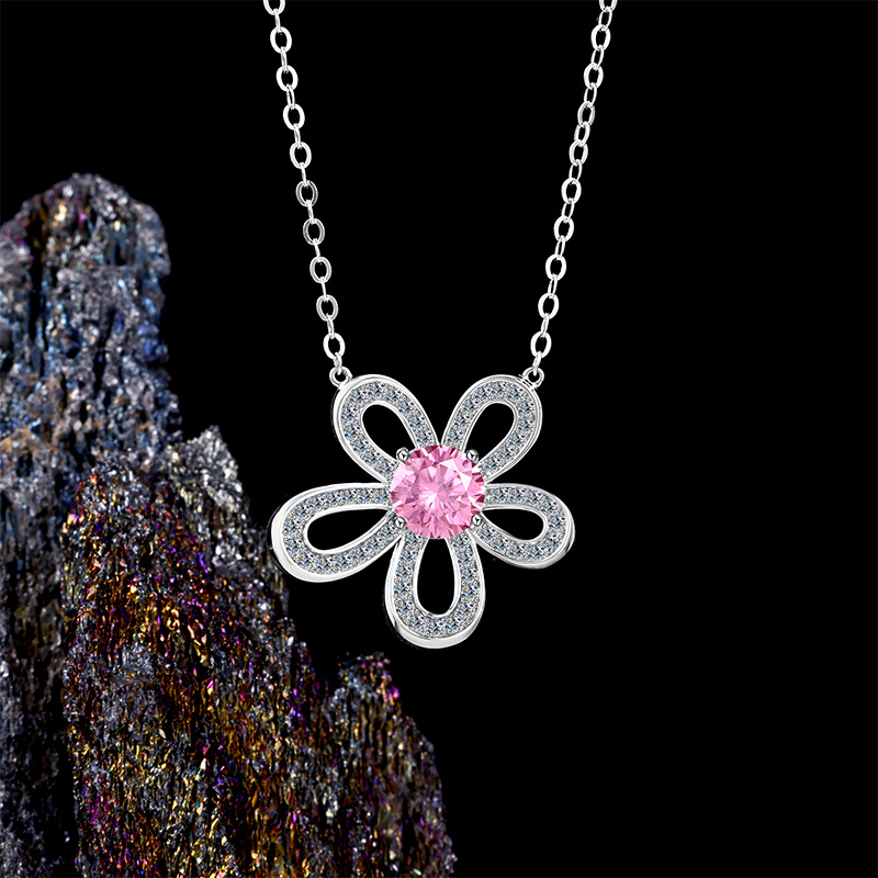 个性粉丝花朵莫桑石项链S925银复古轻奢锁骨链高级感百搭