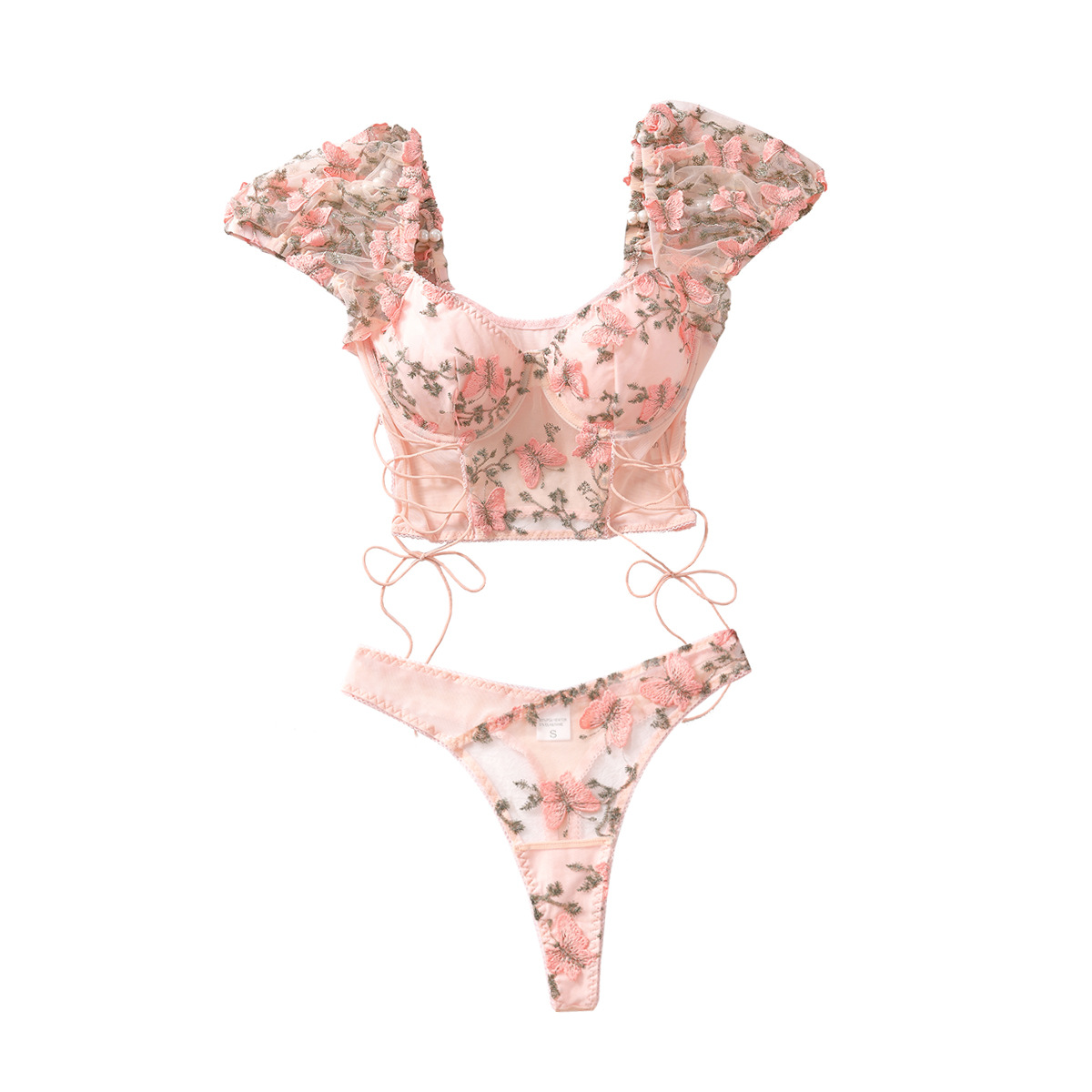 2024夏跨境热卖性感内衣欧美露背透视碎花刺绣拼接系带泡泡袖上衣白底实物图