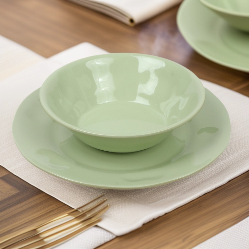Customized A5 melamine tableware for foreign trade, hot pot plates, green barbecue commercial bowls, grilled meat plates, and porcelain imitation beef round plates full figure