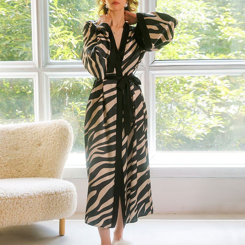 Feiyun French Silk lace-up Long Light Luxury Home wear, French retro zebra print long-sleeved bathrobe for women, 211 details Picture