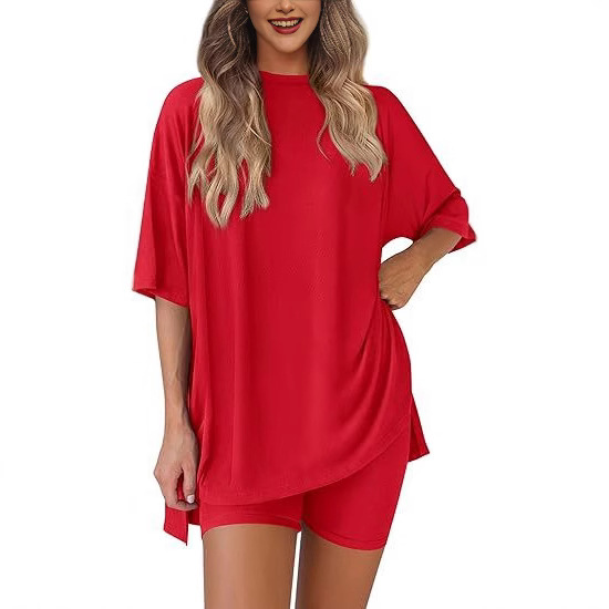 Cross-border trade Amazon 2025 New Women's casual round-neck split loose shorts short-sleeved home wear set details Picture