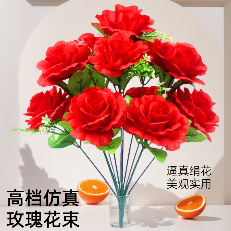 跨境仿真玫瑰花束12头娟花蓝色妖姬人造花婚庆造型居家装饰摆放花