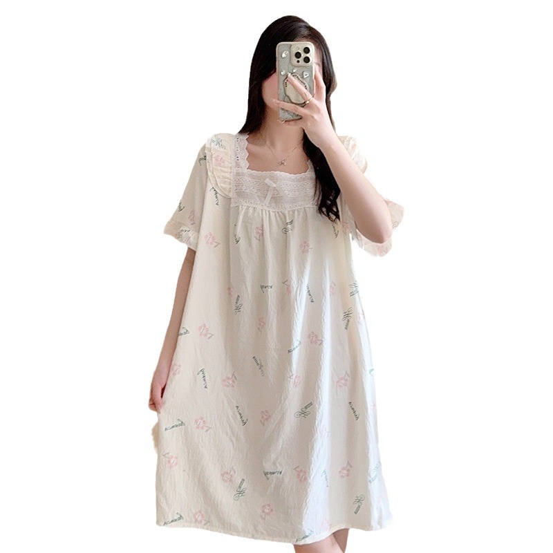 新款棉纱睡裙女生短袖方领云朵棉睡衣裙大码睡衣韩版宽松居家睡裙白底实物图