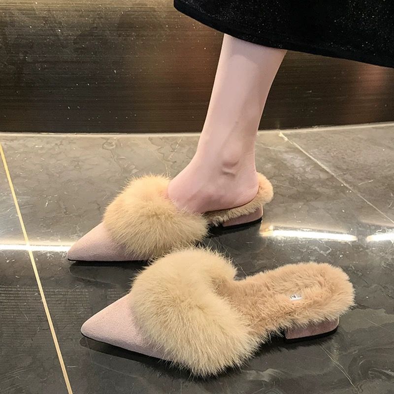 尖头毛毛棉拖鞋2025秋冬季新款日常软底一脚蹬包头半拖鞋加绒保暖